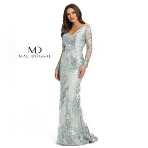 MAC DUGGAL 67539 Seamist Embellished V-Neck Illusion Long Sleeve Gown Size 12